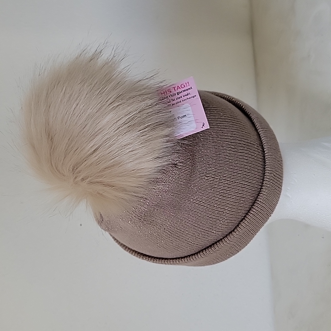 Nwt Giddy Up Glamour Taupe Knit Beanie With Gold Shimmery Sparkle And Pom — image 4 of 8